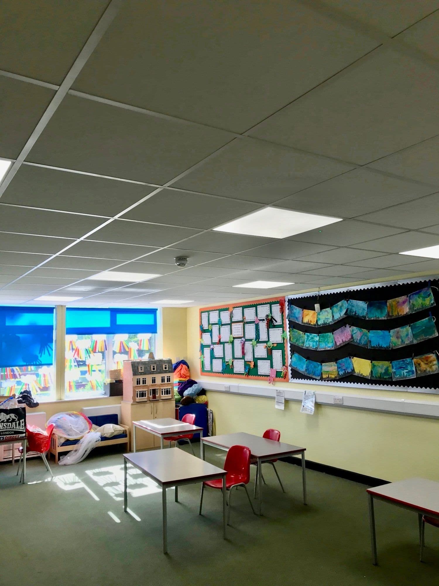 Classroom with a new suspended ceiling and LED panel lighting